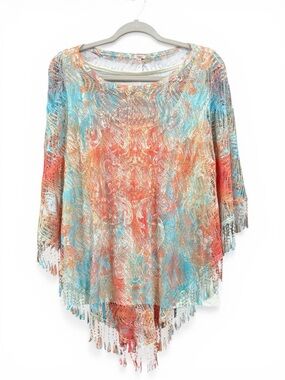 Reba Sheer Boho Fringe Poncho Top L Multicolor Lace Overlay Festival Beachy